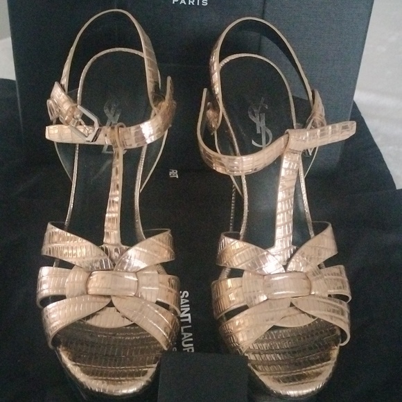 YSL metallic Gold Lizard Embossed Leather Tribute Ankle Strap Platform heels - Picture 9 of 16